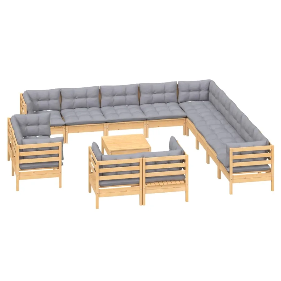 Salon de jardin 14 pcs avec coussins gris Bois de pin solide - 3