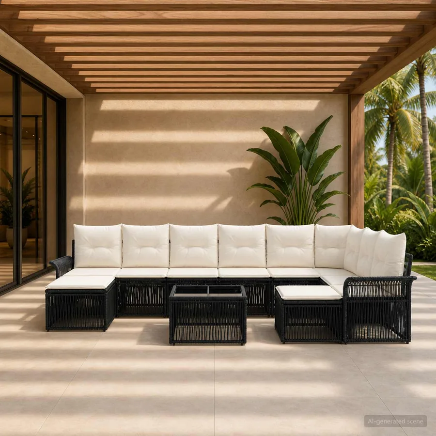 Ensemble de canapé de jardin 10 pcs Noir et blanc crème