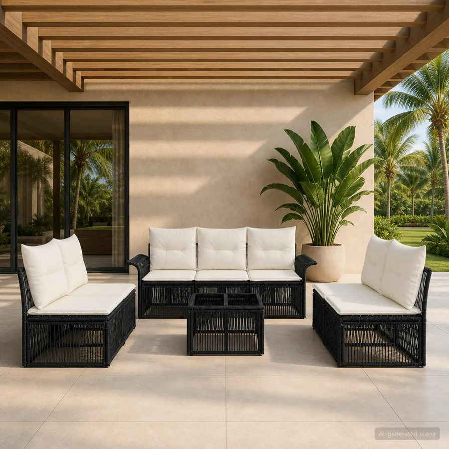 Ensemble de canapé de jardin 8 pcs Noir polyrotin