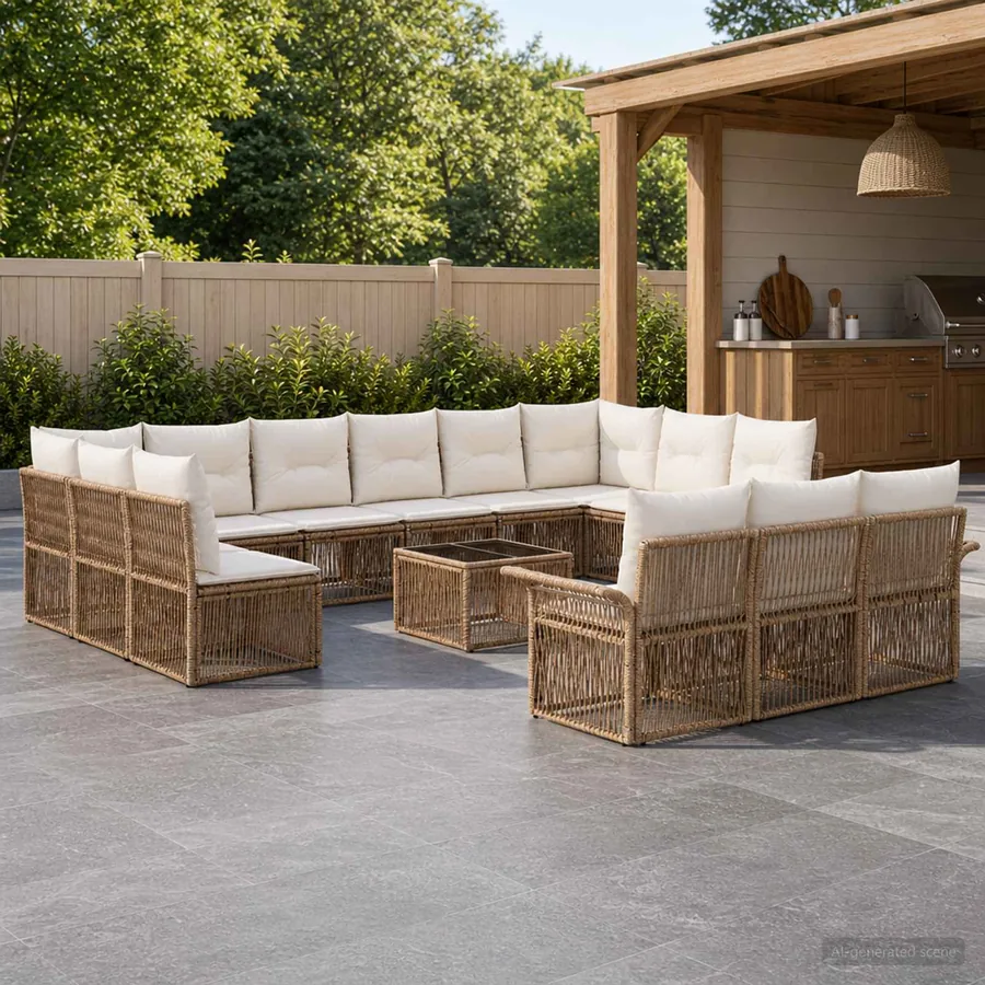 Ensemble de canapé de jardin 14 pcs Beige polyrotin