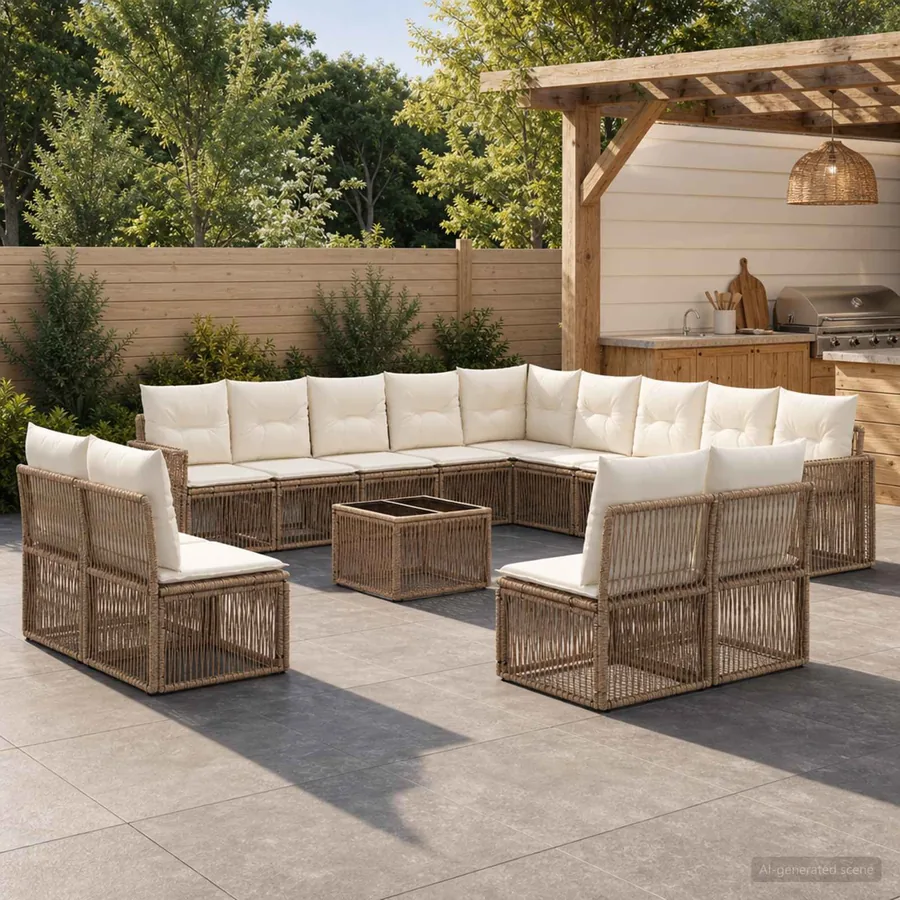 Ensemble de canapé de jardin 14 pcs Beige et blanc crème