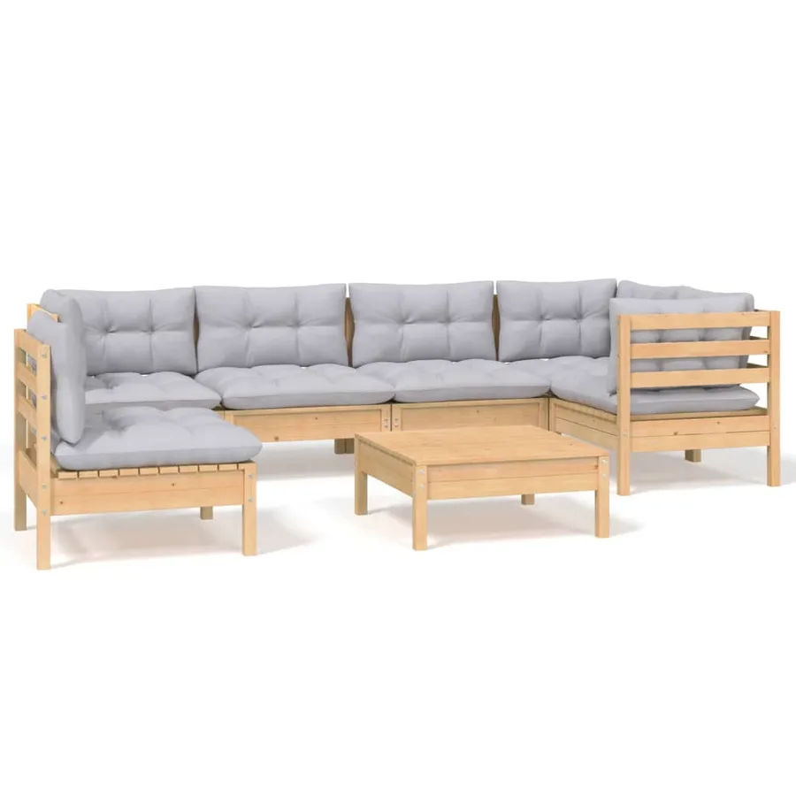 Salon de jardin 7 pcs avec coussins gris bois de pin - 2