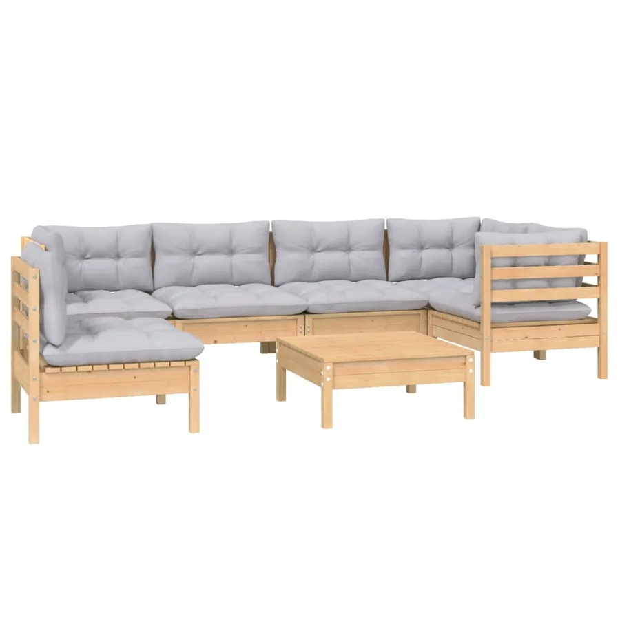 Salon de jardin 7 pcs avec coussins gris bois de pin - 3