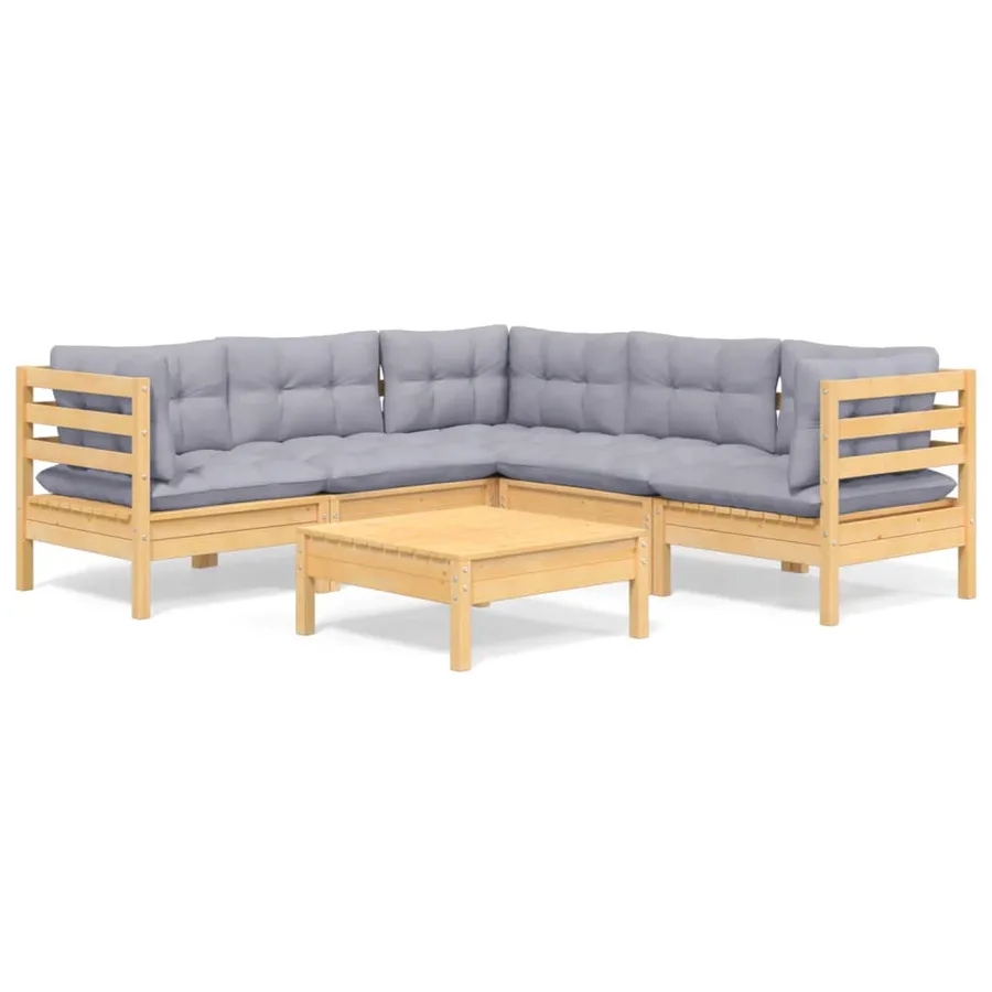 Salon de jardin 6 pcs avec coussins gris Bois de pin massif - 2