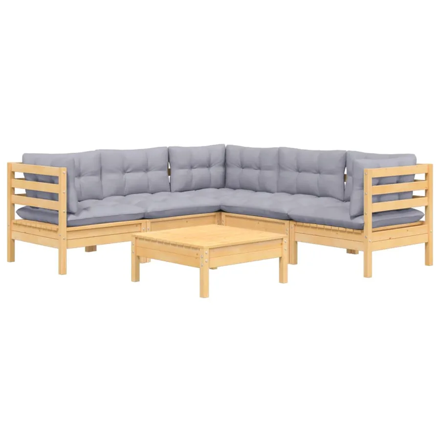 Salon de jardin 6 pcs avec coussins gris Bois de pin massif - 3