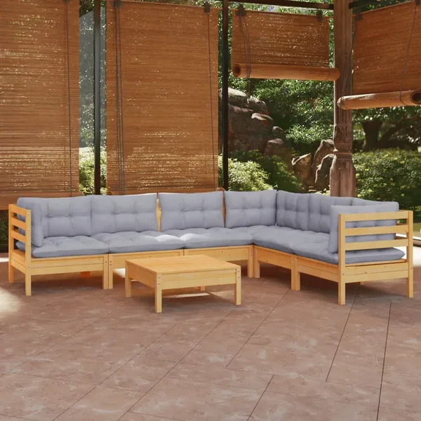 Salon de jardin 7 pcs avec coussins gris bois de pin massif