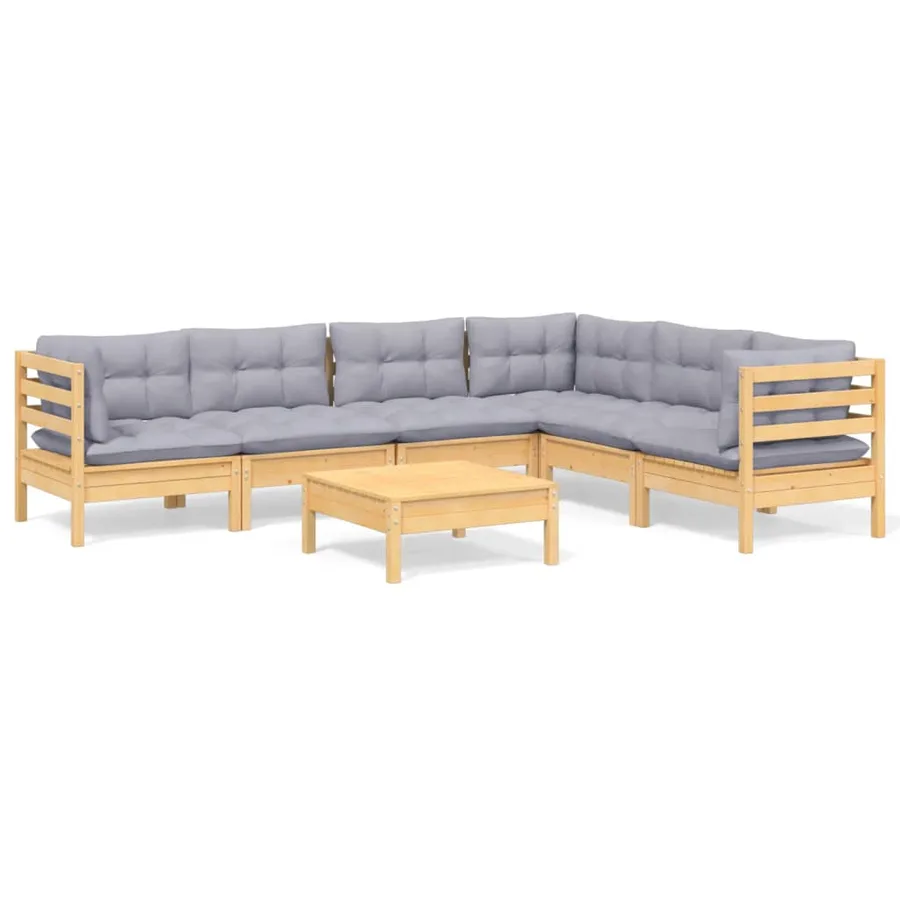 Salon de jardin 7 pcs avec coussins gris bois de pin massif - 2