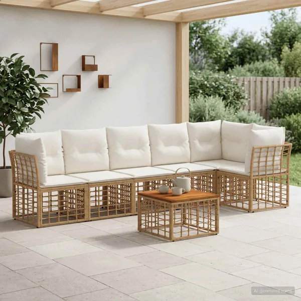Ensemble de canapé de jardin 7 pcs Blanc Naturel et Crème