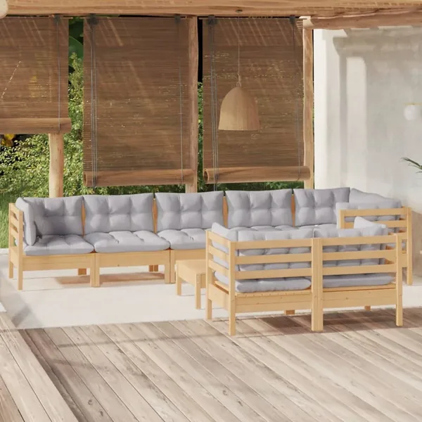 Salon de jardin 9 pcs avec coussins gris bois de pin massif