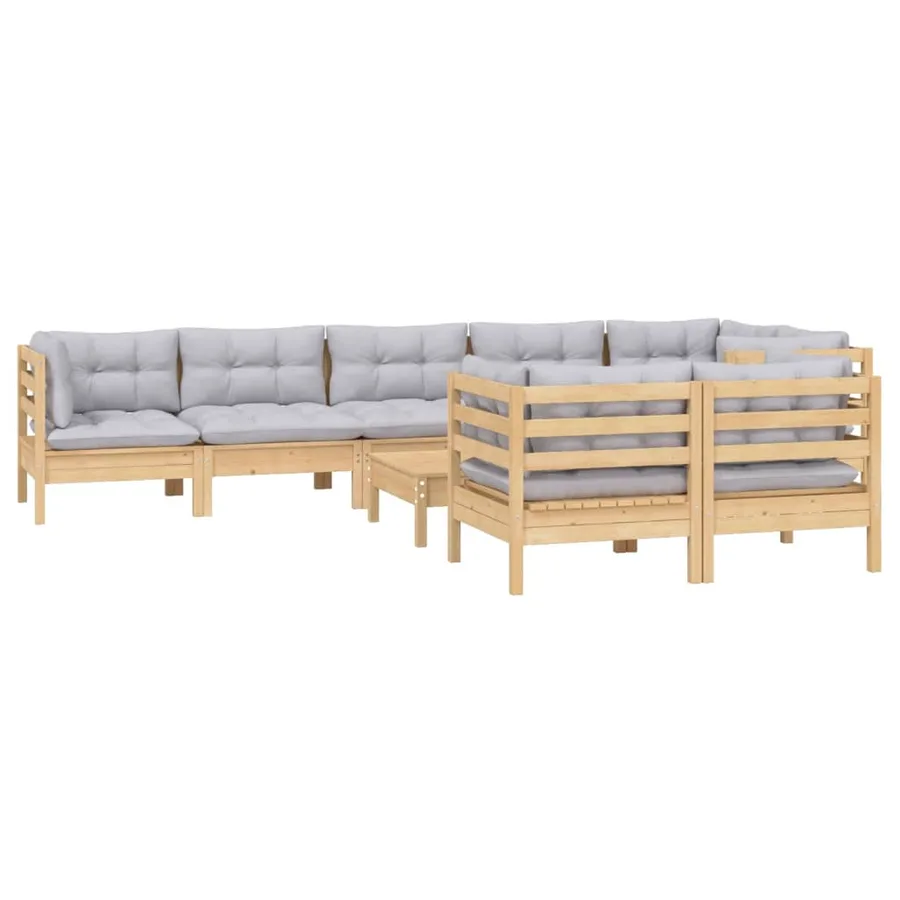 Salon de jardin 9 pcs avec coussins gris bois de pin massif - 3