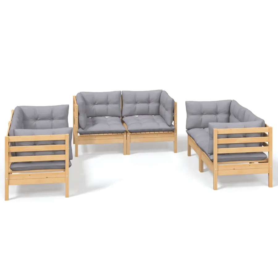 Salon de jardin 6 pcs avec coussins gris Bois de pin massif - 2