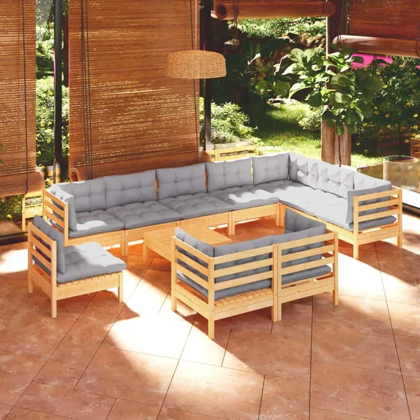 Salon de jardin 11 pcs avec coussins gris Bois de pin solide
