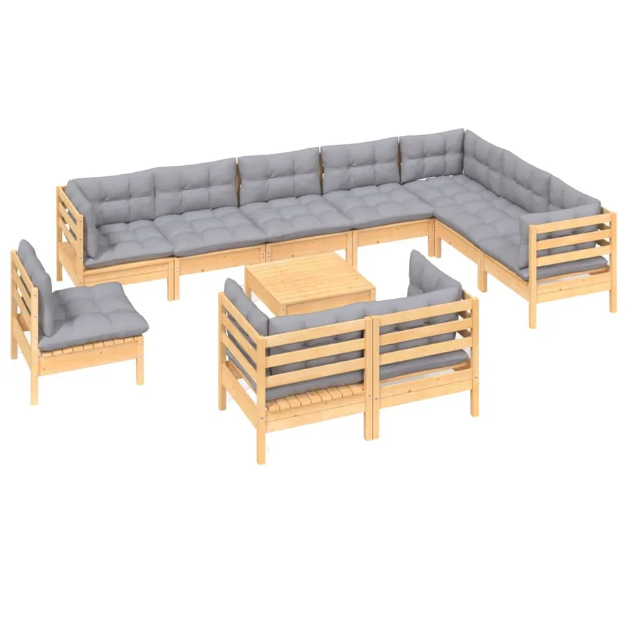Salon de jardin 11 pcs avec coussins gris Bois de pin solide - 3