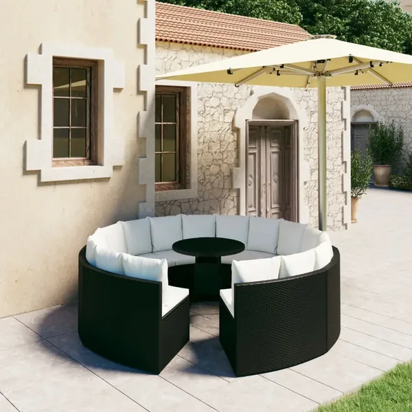 Salon de jardin 9 pcs avec coussins Résine tressée Noir