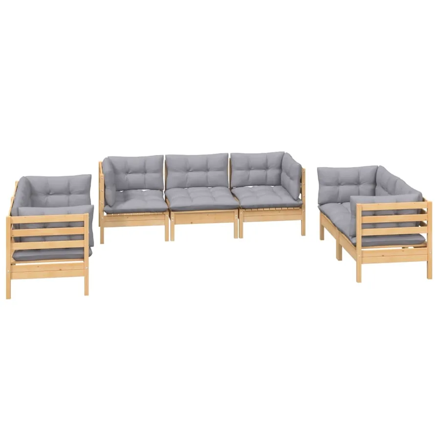 Salon de jardin 7 pcs avec coussins gris bois de pin massif - 3