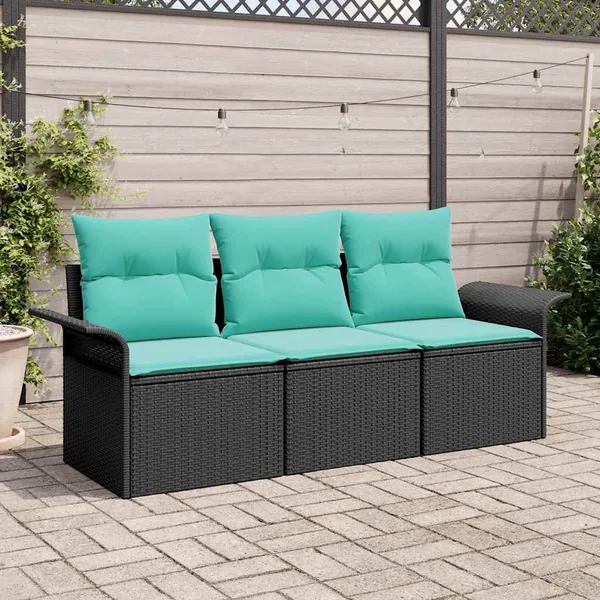 Ensemble de Canapés avec coussin 3 pcs Noir et Bleu polyrotin