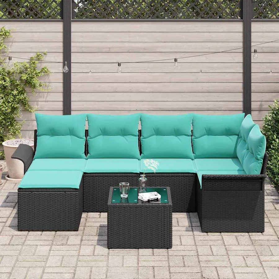 Ensemble de canapé de jardin avec coussin 7 pcs Noir Poly rotin - 3