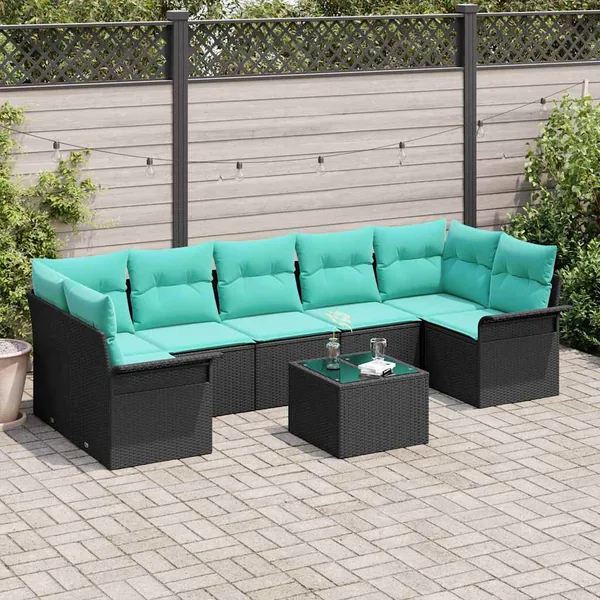 Ensemble de canapé de jardin 8 pcs Noir et turquoise polyrotin