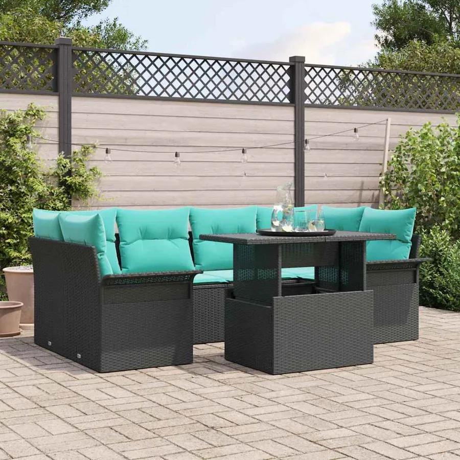 Ensemble de canapé de jardin avec coussin 7 pcs Noir Poly rotin
