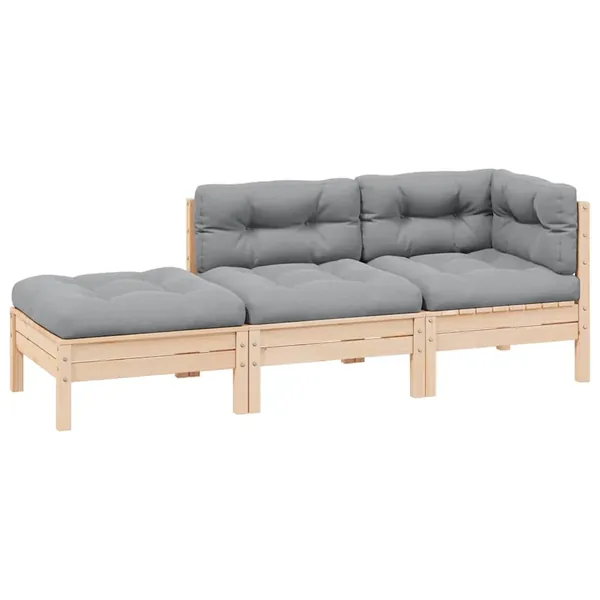 Salon de jardin 3 pcs avec coussins gris Bois de pin solide