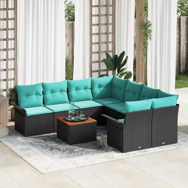 Ensemble de canapé de jardin 9 pcs Noir et turquoise polyrotin