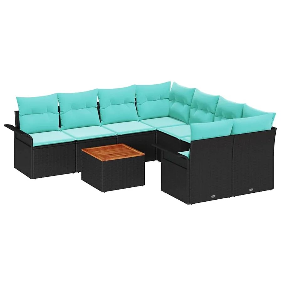 Ensemble de canapé de jardin 9 pcs Noir et turquoise polyrotin - 2