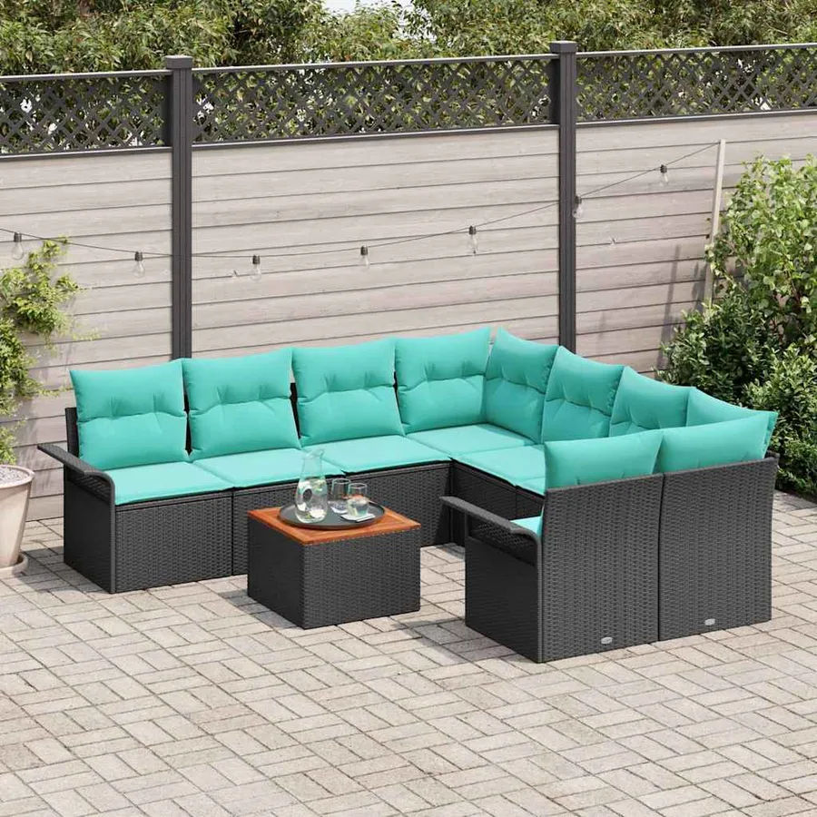 Ensemble de canapé de jardin 9 pcs Noir et turquoise polyrotin - 3