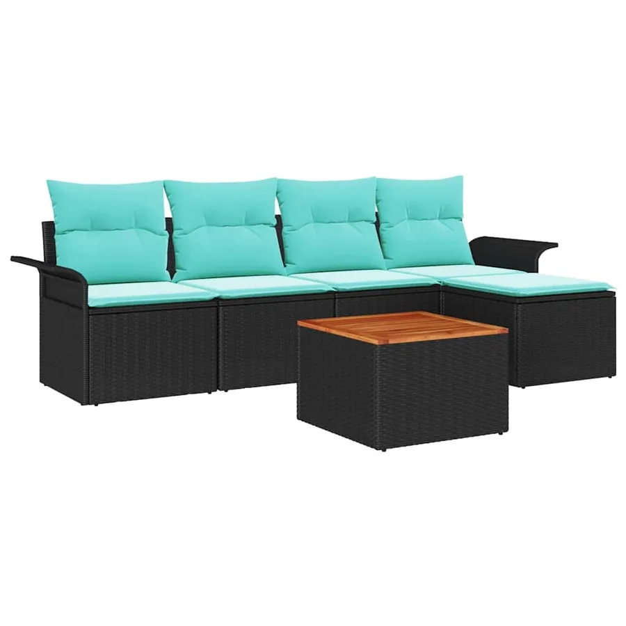 Ensemble de canapé de jardin 6 pcs Noir et turquoise polyrotin - 2