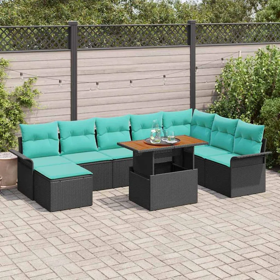 Ensemble de canapé de jardin 9 pcs Noir Poly rotin