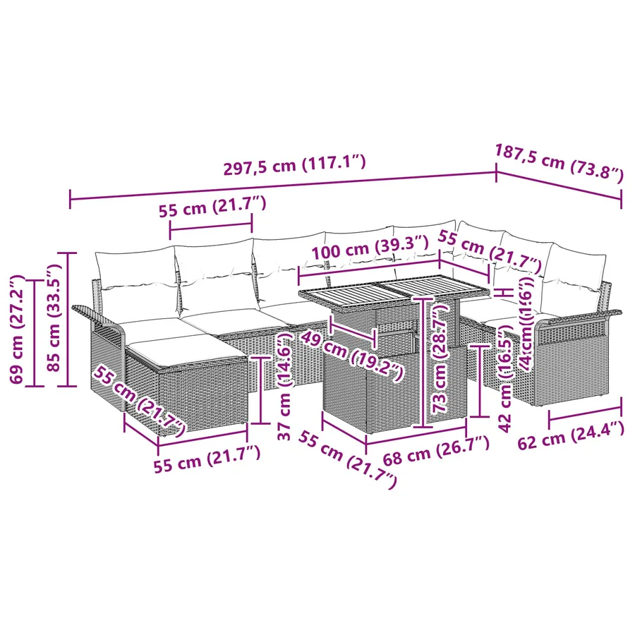 Ensemble de canapé de jardin 9 pcs Noir Poly rotin - 17