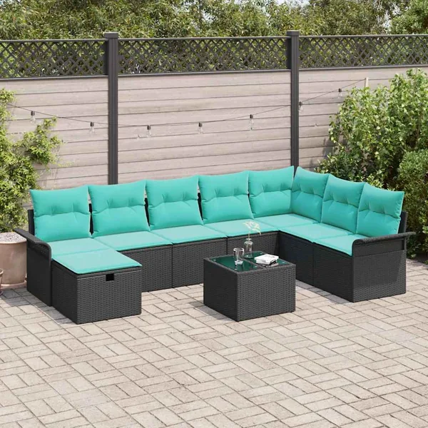 Ensemble de canapé de jardin 9 pcs Noir et turquoise polyrotin
