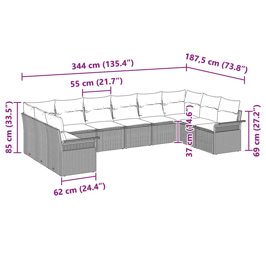 Ensemble de canapé de jardin 10 pcs Noir polyrotin - 15