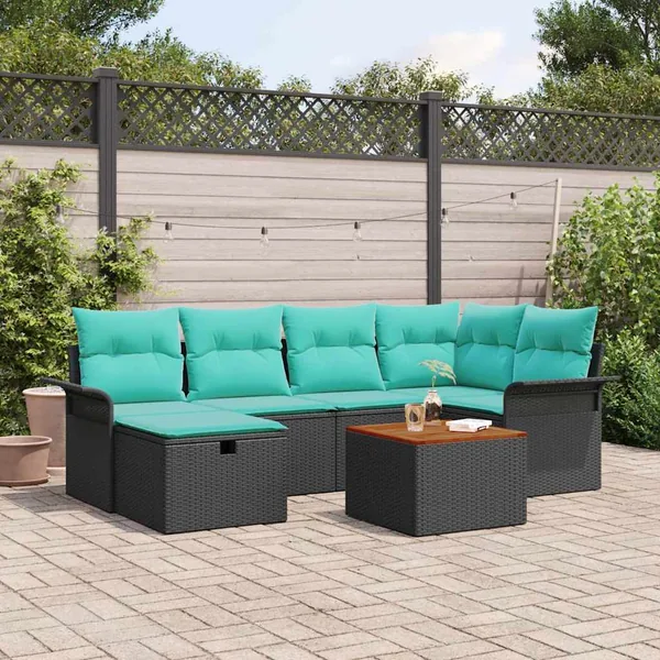 Ensemble de canapé de jardin avec coussin 7 pcs Noir polyrotin