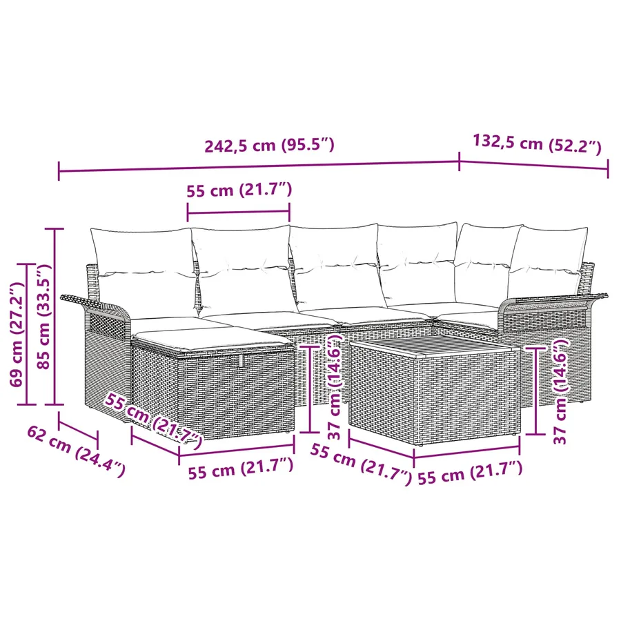 Ensemble de canapé de jardin avec coussin 7 pcs Noir polyrotin - 11