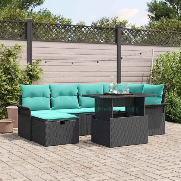 Ensemble de canapé de jardin avec coussin 7 pcs Noir Poly rotin