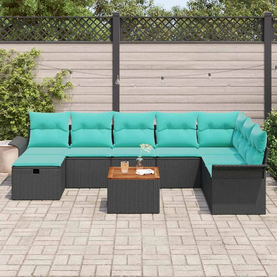 Ensemble de canapé de jardin avec coussin 9 pcs Noir Poly rotin - 3