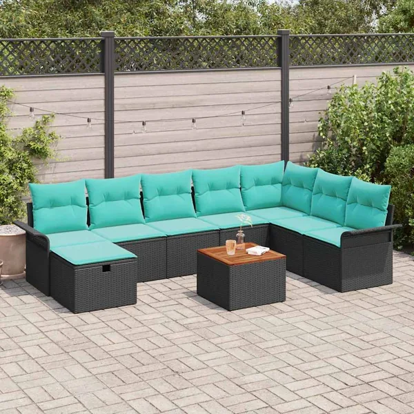 Ensemble de canapé de jardin avec coussin 9 pcs Noir polyrotin