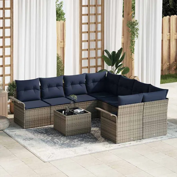 Ensemble de canapé de jardin 9 pcs Gris et marine polyrotin