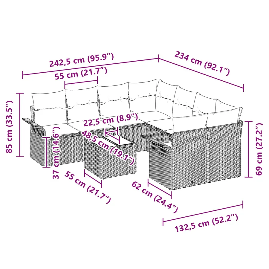 Ensemble de canapé de jardin 9 pcs Gris et marine polyrotin - 17