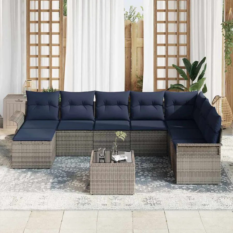 Ensemble de canapé de jardin avec coussin 9 pcs Gris Poly rotin - 3