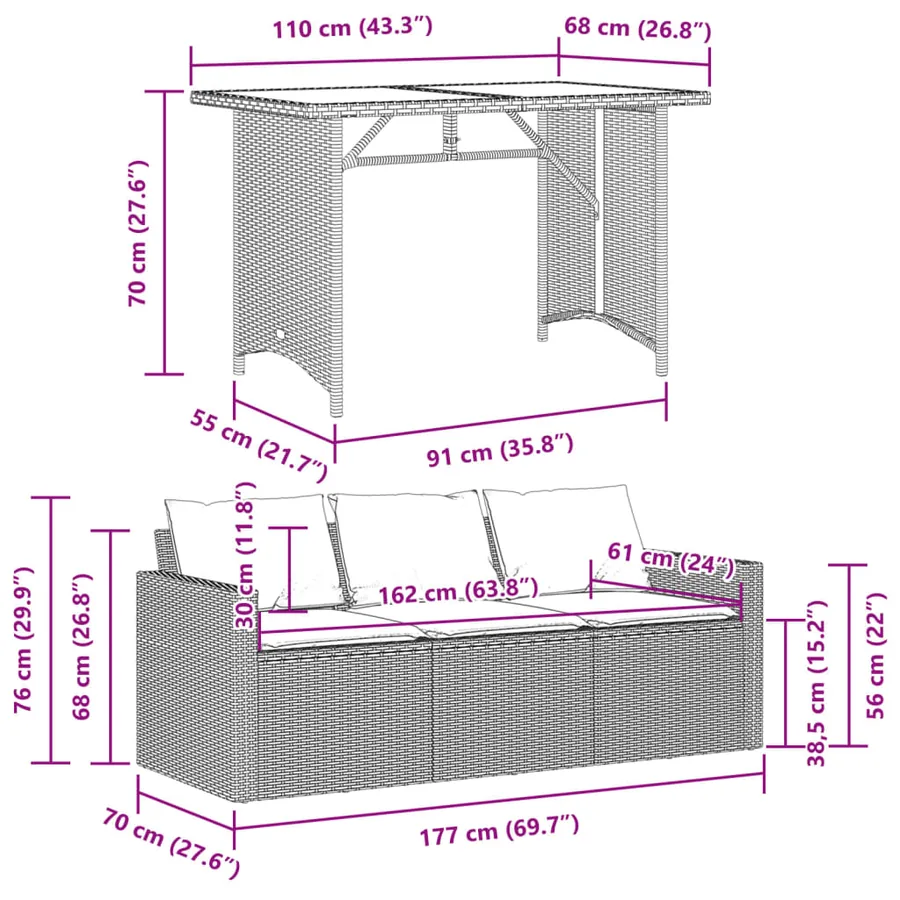 Ensemble à manger de jardin et coussins 2 pcs gris rotin - 11
