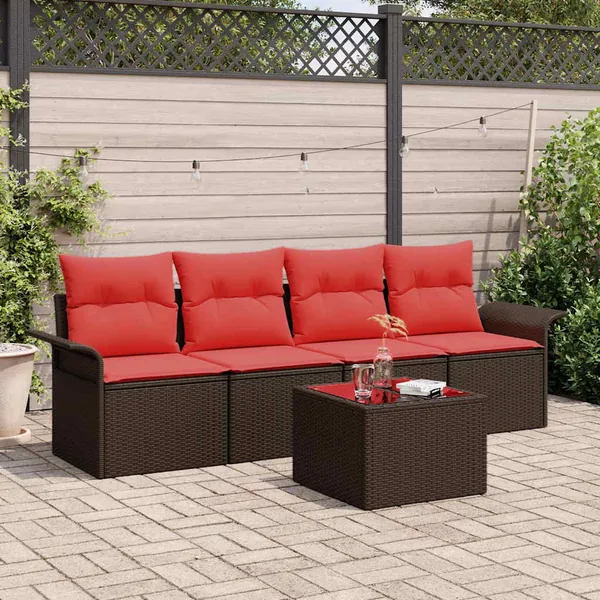 Ensemble de canapé de jardin 5 pcs Beige et Rouge polyrotin