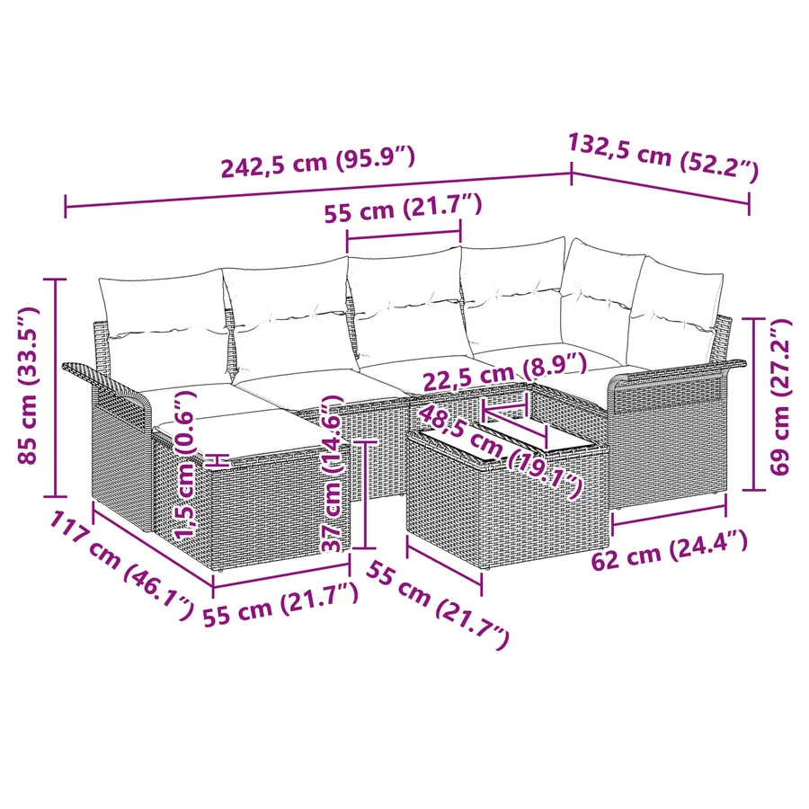 Ensemble de canapé de jardin 7 pcs Marron polyrotin - 19