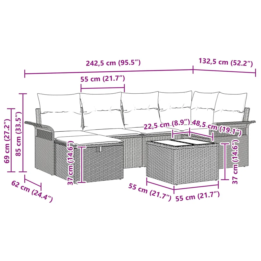 Ensemble de canapé de jardin avec coussin 7 pcs Poly rotin - 15