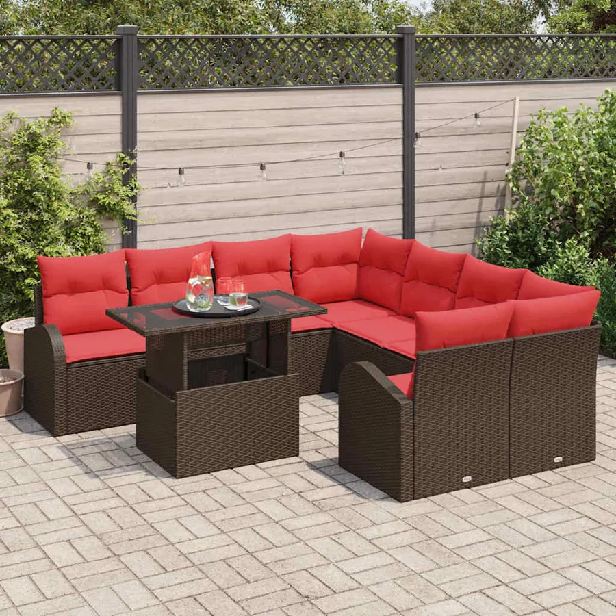 Ensemble de canapé de jardin 9 pcs Marron polyrotin - 3