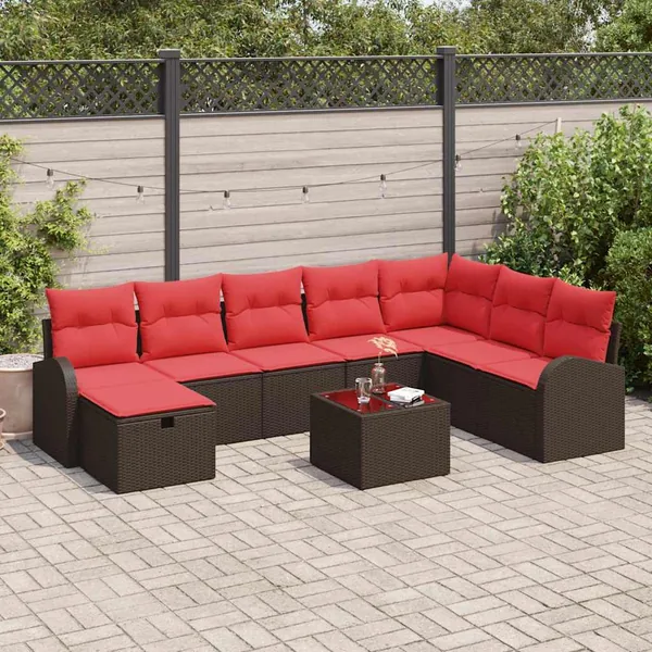 Ensemble de Canapés 9 pcs Marron et rouge polyrotin