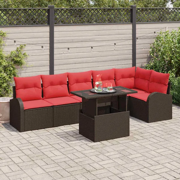 Ensemble de canapé de jardin 7 pcs Marron et rouge polyrotin