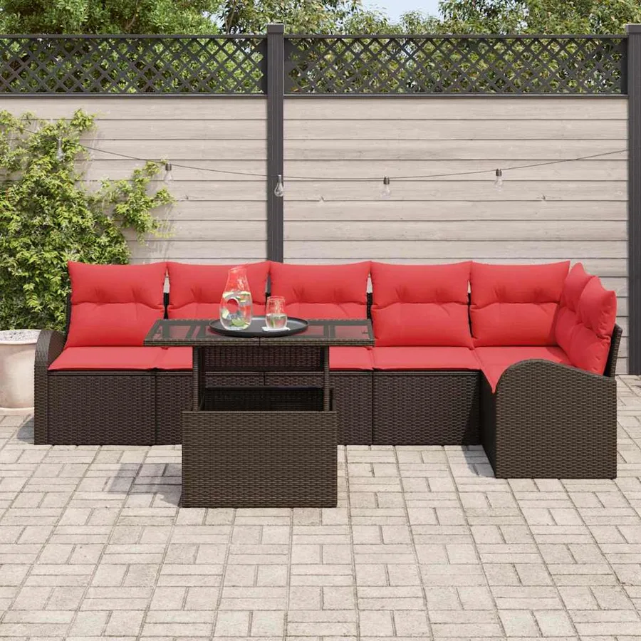 Ensemble de canapé de jardin 7 pcs Marron et rouge polyrotin - 3