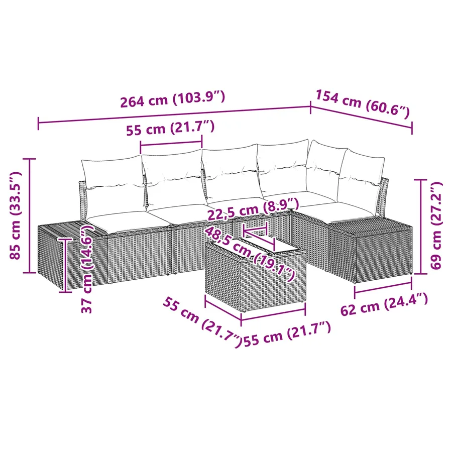 Ensemble de canapé de jardin 6 pcs Marron polyrotin - 9