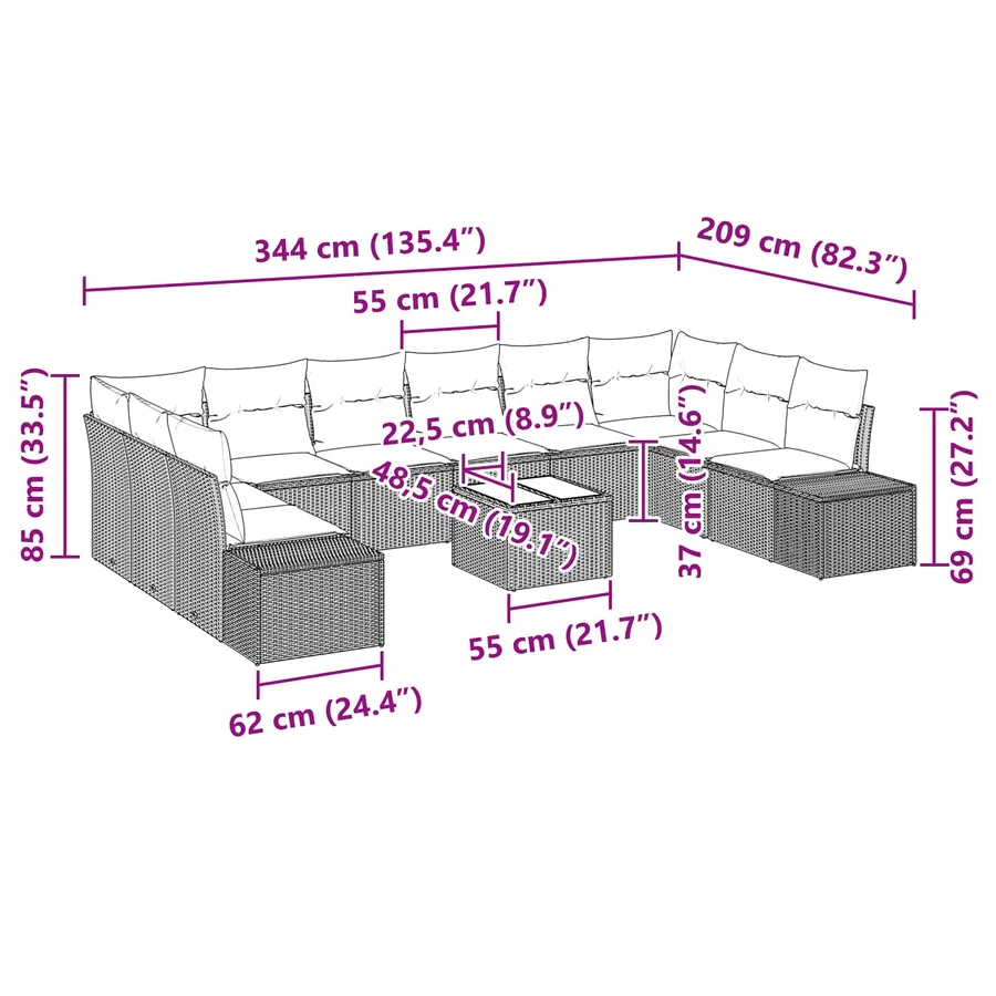 Ensemble de canapé de jardin 11 pcs Marron polyrotin - 9
